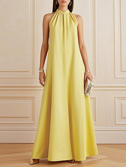 A-Line Loose Pleated Solid Color Mock Neck Maxi Dresses