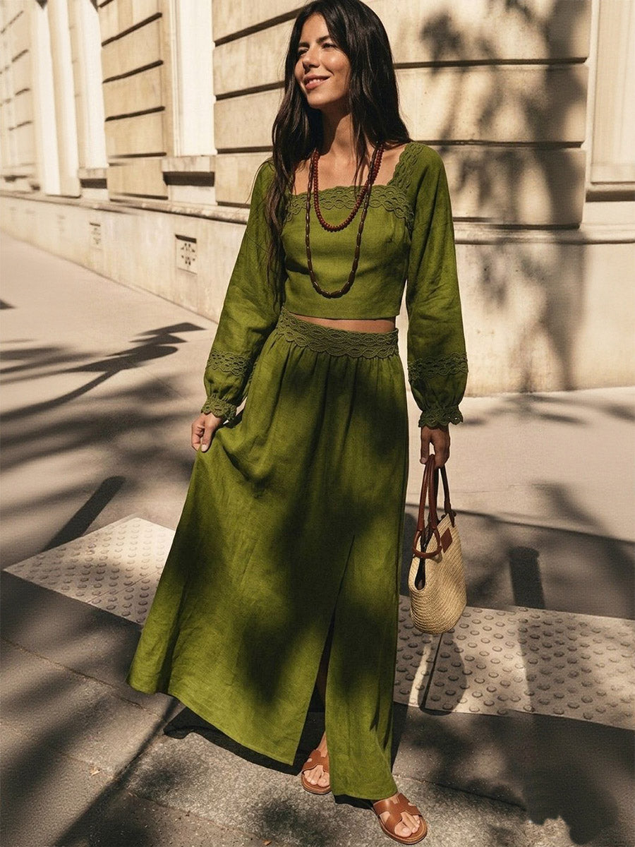 Split-side Solid Color Backless Long Sleeves High Waisted Square-neck Two Pieces Set Skirts Bottoms + Blouses&shirts Tops
