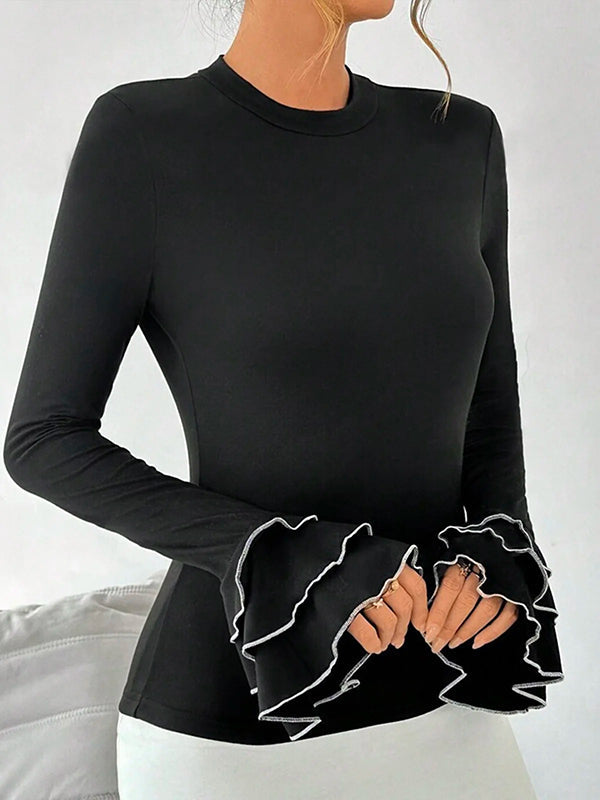 Flared Sleeves Long Sleeves Split-Joint Tiered Round-Neck T-Shirts Tops