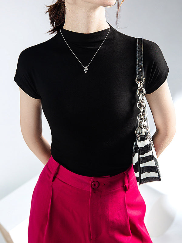 Short Sleeves Skinny Solid Color Mock Neck T-Shirts Tops
