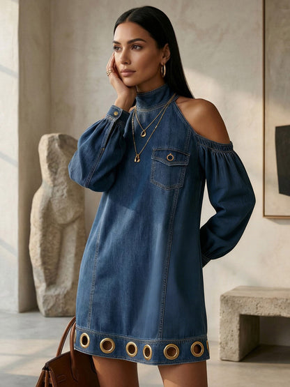 Long Sleeves Loose Hollow Pockets Solid Color Split-Joint Cold Shoulder Mini Dresses