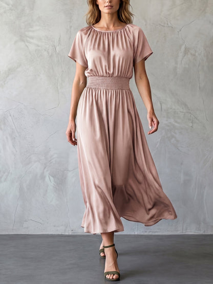 Batwing Sleeves High Waisted Elasticity Solid Color Round-Neck Maxi Dresses