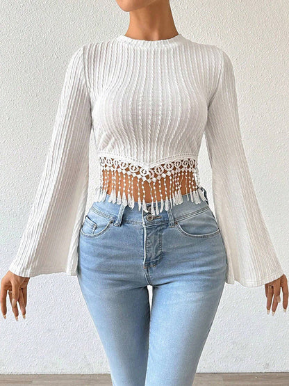 Flared Sleeves Long Sleeves Solid Color Split-Joint Tasseled Round-neck T-Shirts Tops
