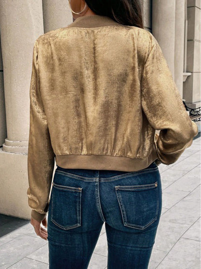 Long Sleeves Loose Shiny Split-Joint Zipper Round-Neck Outerwear