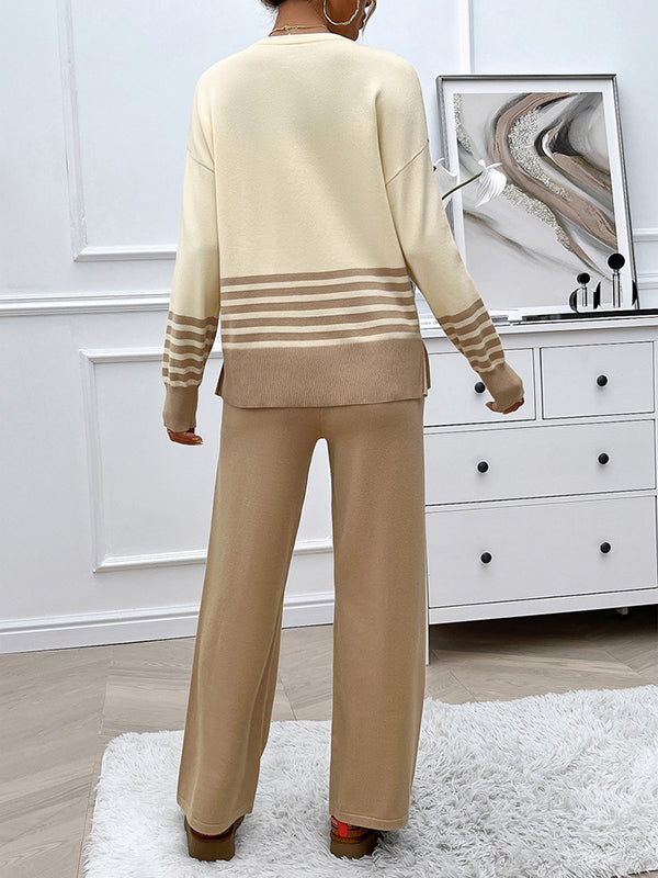 Long Sleeves Loose Contrast Color Split-Side Striped Round-Neck Sweater Top + Pants Bottom Two Pieces Set