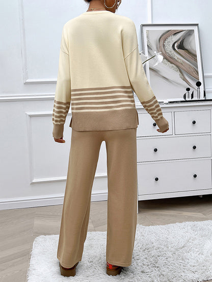 Long Sleeves Loose Contrast Color Split-Side Striped Round-Neck Sweater Top + Pants Bottom Two Pieces Set