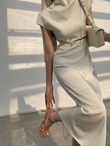A-Line High Waisted Detachable Hollow Split-Joint Mock Neck Midi Dresses