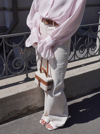 Loose Puff Sleeves Pleated Solid Color Split-Joint Lapel Blouses&Shirts Tops