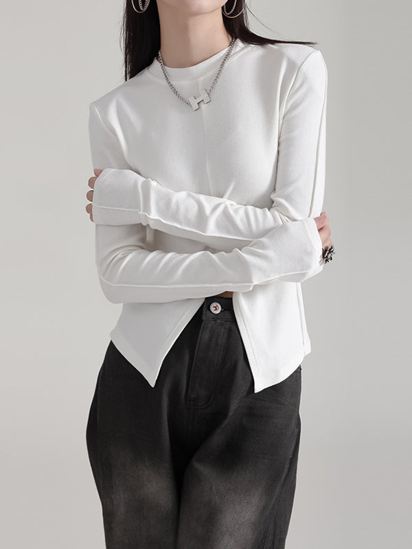 Long Sleeves Skinny Solid Color Split-Front Round-Neck T-Shirts Tops