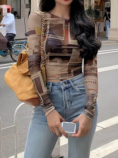 Long Sleeves Skinny Contrast Color Printed Split-Joint Round-Neck T-Shirts Tops