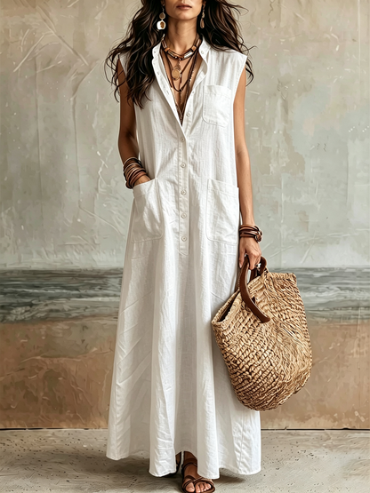 Loose Sleeveless Buttoned Pockets Solid Color Lapel Maxi Dresses