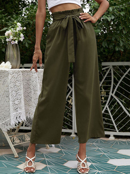High Waisted Loose Pockets Solid Color Tied Waist Pants Trousers