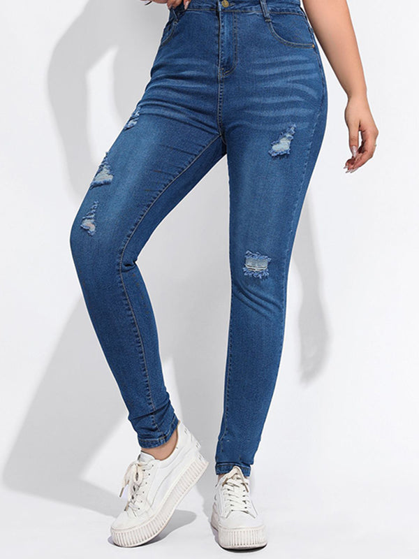 Skinny Leg High-Waisted Ripped Split-Joint Jean Pants Bottoms