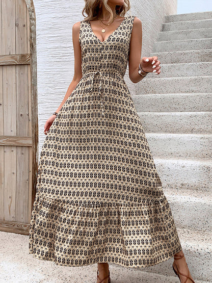 High Waisted Sleeveless Contrast Color Printed Tied Waist V-Neck Maxi Dresses