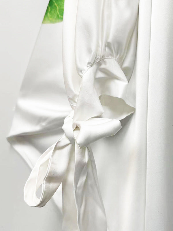 Batwing Sleeves Loose Flower Print Tied Round-Neck Maxi Dresses