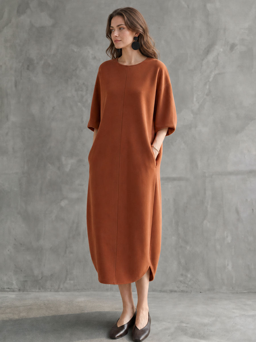 Solid Color Pockets Three-quarter Sleeves Loose Round-neck Midi Dresses