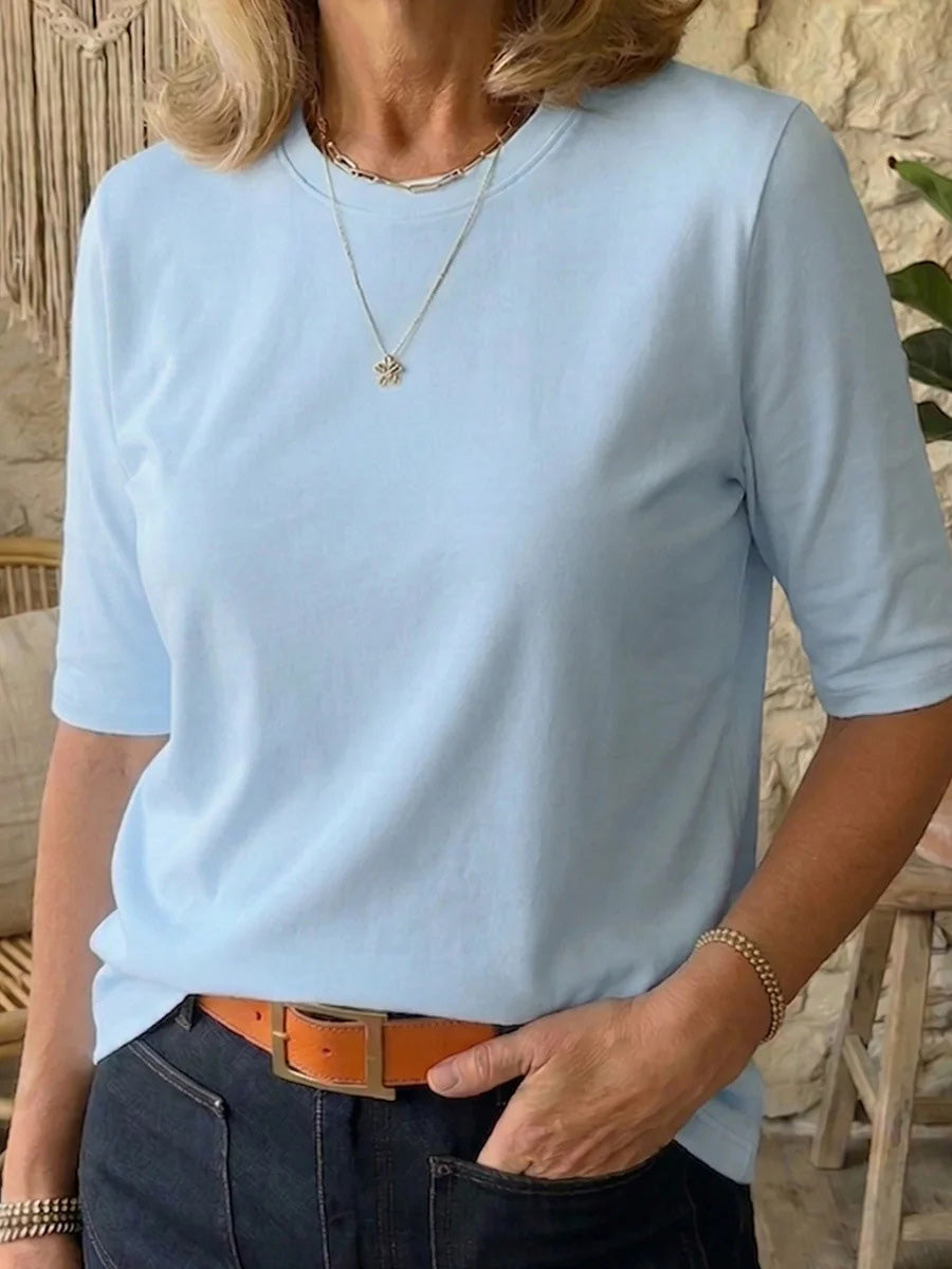 Half Sleeves Loose Solid Color Round-Neck T-Shirts Tops