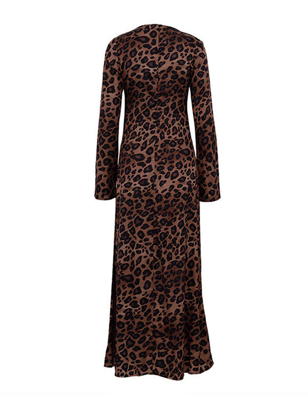 Bodycon High Waisted Leopard Zipper Round-Neck Maxi Dresses