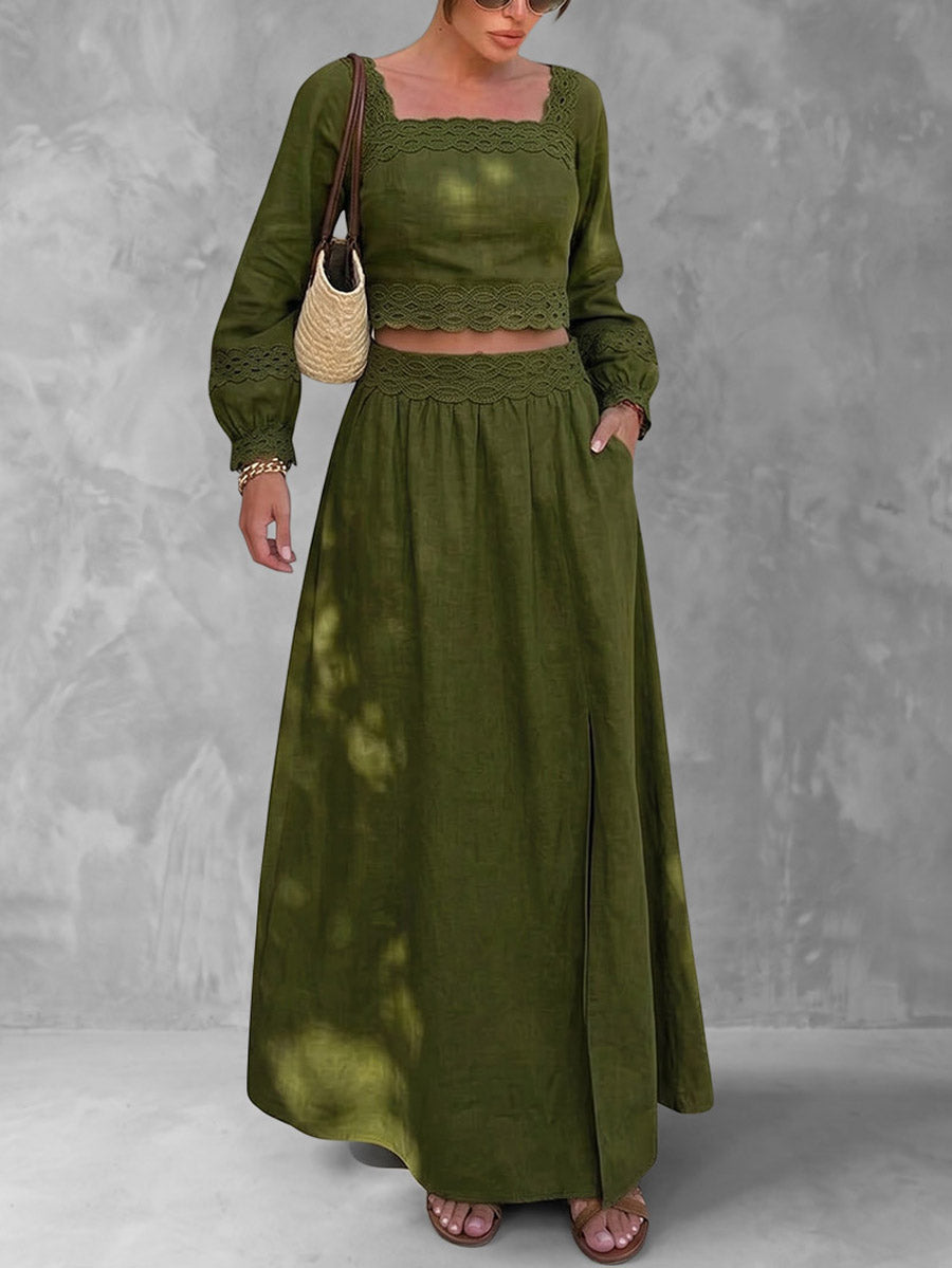 Split-side Solid Color Backless Long Sleeves High Waisted Square-neck Two Pieces Set Skirts Bottoms + Blouses&shirts Tops