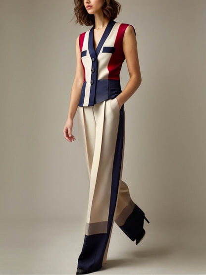 Sleeveless Buttoned Contrast Color V-Neck Vest Top