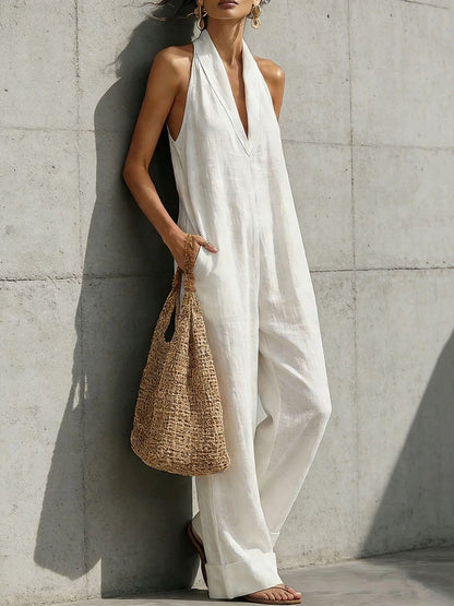 High Waisted Sleeveless Pockets Solid Color V-Neck Jumpsuits