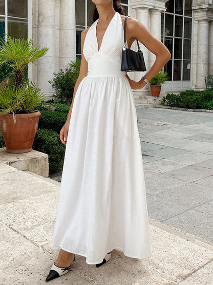 A-Line High Waisted Backless Pleated Solid Color Split-Joint Halter-Neck Midi Dresses