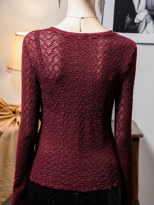 Long Sleeves Plus Size Hollow See-Through Solid Color Round-Neck T-Shirts Tops