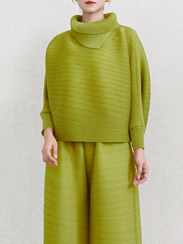 Batwing Sleeves Loose Pleated Solid Color Mock Neck Blouses&Shirts Tops
