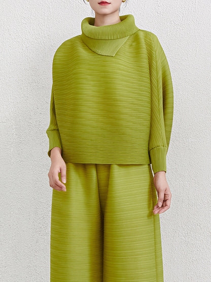 Batwing Sleeves Loose Pleated Solid Color Mock Neck Blouses&Shirts Tops