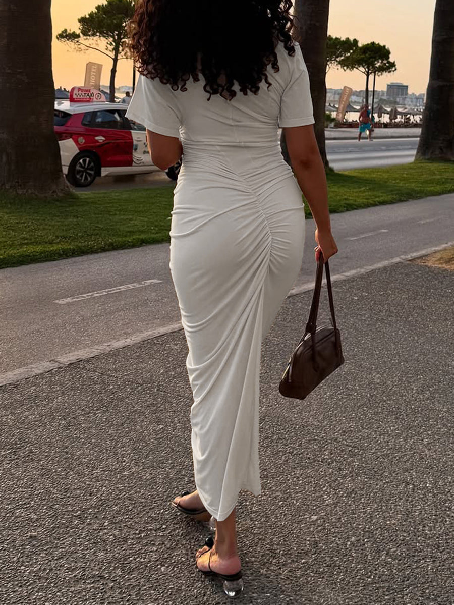 Solid Color Pleated Skinny High Waisted Midi Dresses