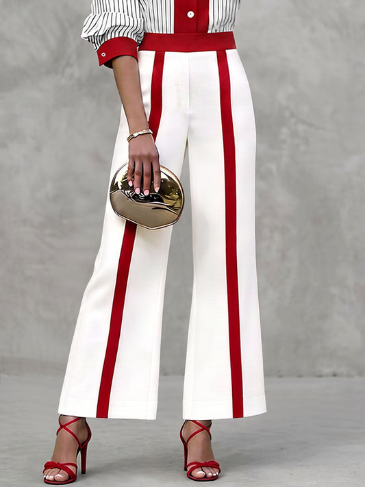 Striped Pockets Elasticity Contrast Color Wide Leg Loose Trousers Pants