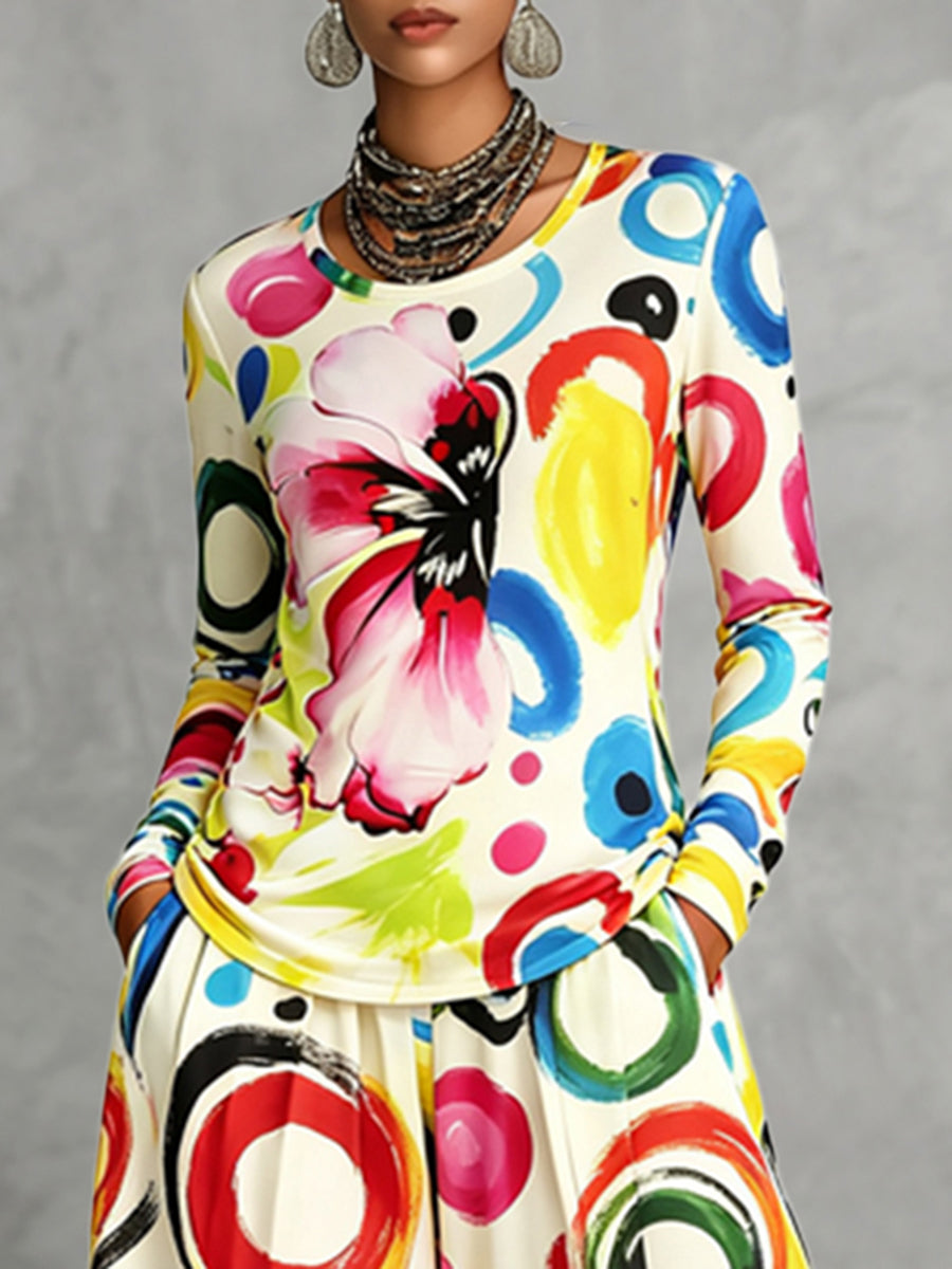 Printed Flower Print Contrast Color Colorful Long Sleeves Round-neck T-Shirts Tops