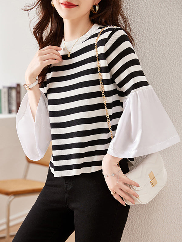 Flared Sleeves Long Sleeves Pleated Split-Joint Striped Round-neck T-Shirts Tops