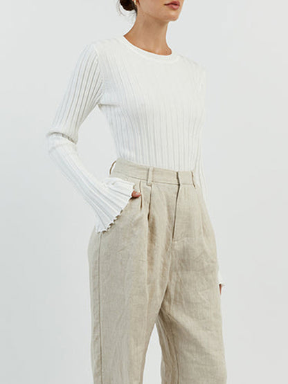 Long Sleeves Skinny Pleated Ruffled Solid Color Split-Joint Round-Neck T-Shirts Tops