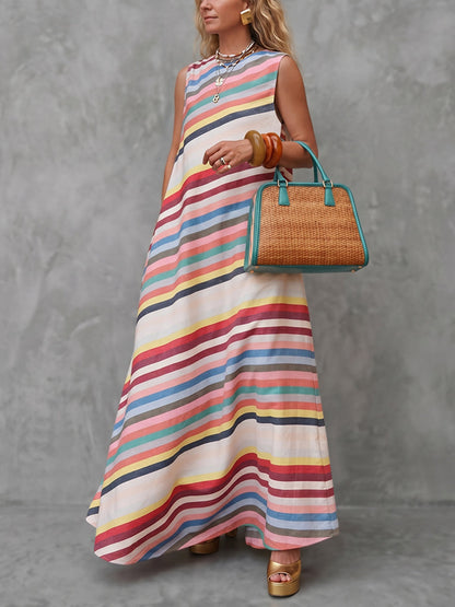 A-Line Loose Contrast Color Striped Round-Neck Maxi Dresses