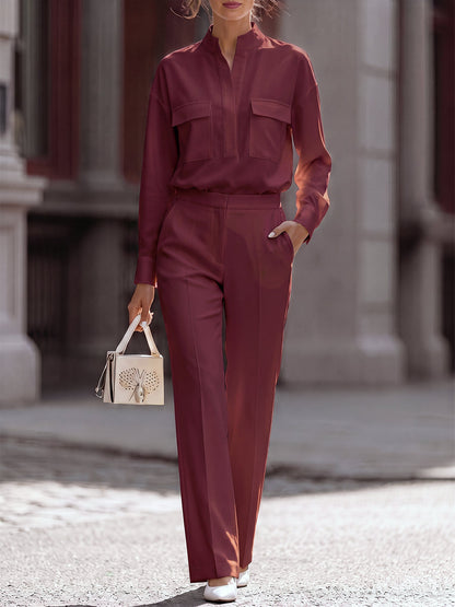 Solid Color Long Sleeves Buttoned Stand Collar Blouses&shirts Tops + Pleated Pockets High Waisted Pants Trousers Two Pieces Set