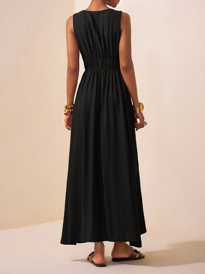 A-Line Loose Pleated Solid Color Spaghetti-Neck Maxi Dresses