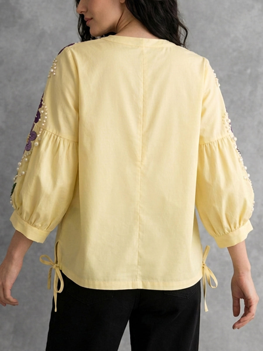Loose Puff Sleeves Beaded Contrast Color Embroidered Split-Joint Split-Side Tied Round-Neck Blouses&Shirts Tops