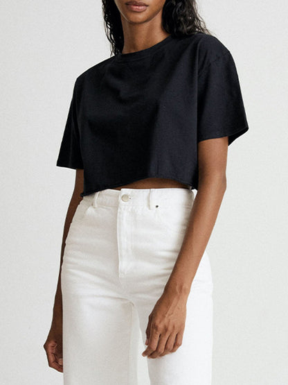 Loose Short Sleeves Solid Color Round-Neck T-Shirts Tops