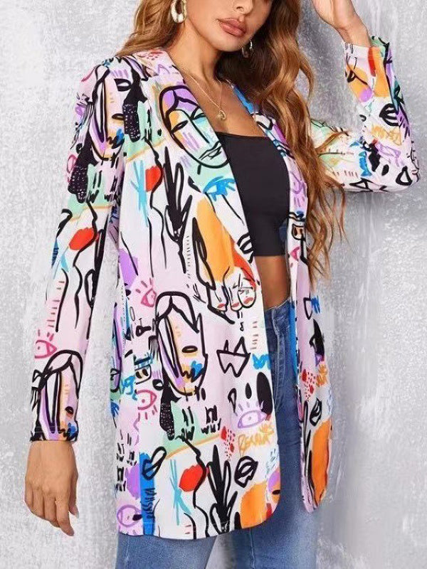 Long Sleeves Loose Figure Printed Notched Collar Outerwear