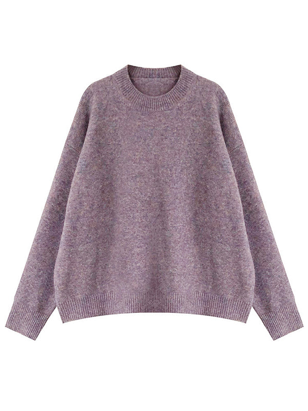 Simple Loose Long Sleeves Round-Neck Sweater Tops Pullovers