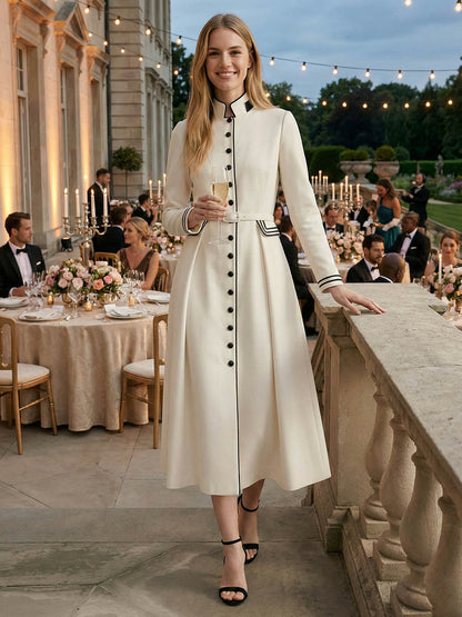 A-Line Elasticated Waist Belted Buttoned Contrast Color Line Split-Joint Stand Collar Maxi Dresses