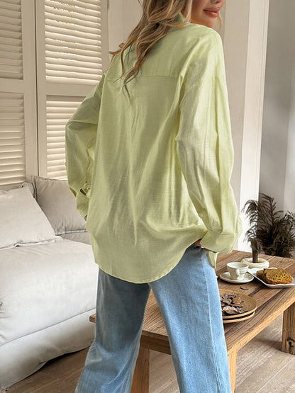 Long Sleeves Loose Buttoned Solid Color Lapel Blouses&Shirts Tops