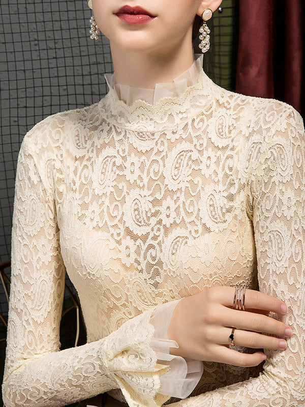 Flared Sleeves Long Sleeves See-Through Solid Color Split-Joint Mock Neck T-Shirts Tops