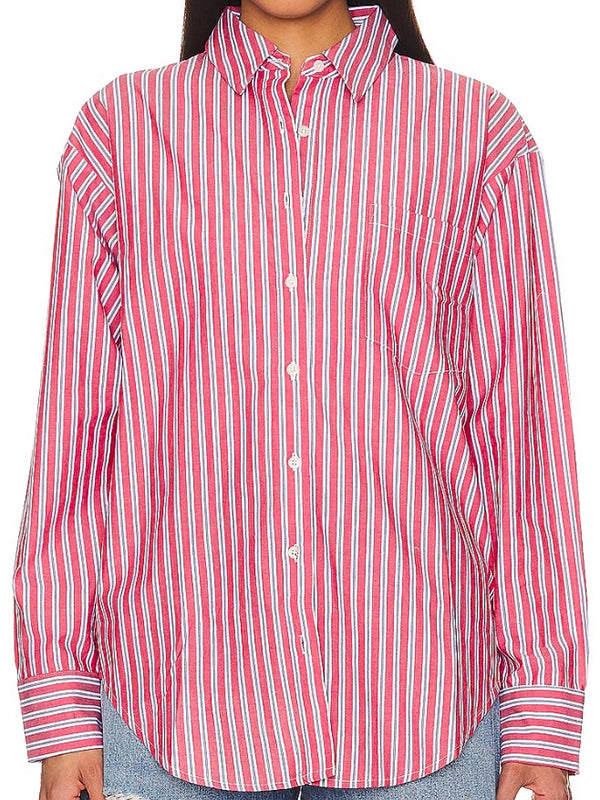 Long Sleeves Loose Buttoned Split-Joint Striped Lapel Blouses&Shirts Tops