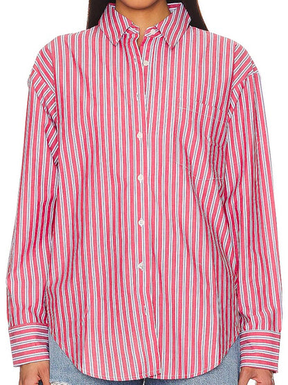 Long Sleeves Loose Buttoned Split-Joint Striped Lapel Blouses&Shirts Tops