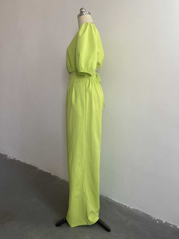 Half Sleeves Elasticity Solid Color Tied V-Neck T-Shirts Top +High Waisted Pants Bottom Two Pieces Set