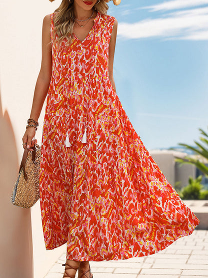 A-Line Loose Contrast Color Printed Split-Joint V-Neck Maxi Dresses