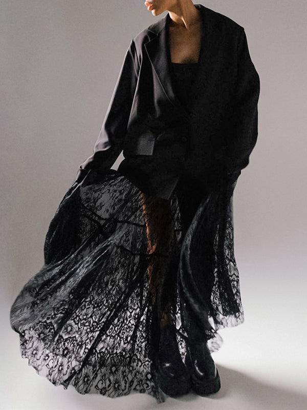 A-Line High Waisted Elasticity Hollow Jacquard Mesh See-Through Split-Joint Skirts Bottoms