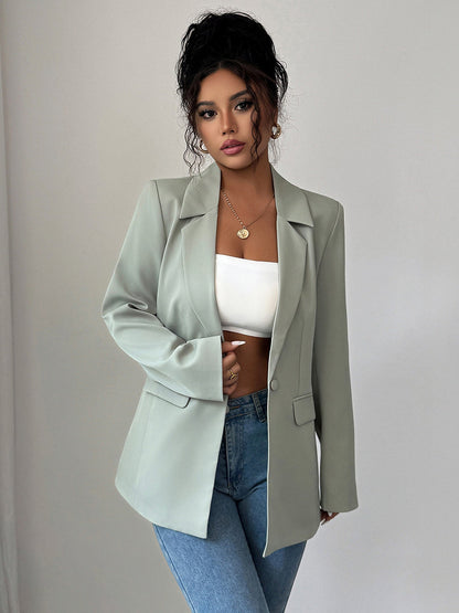 Long Sleeves Loose Buttoned Pockets Solid Color Notched Collar Blazer Outerwear